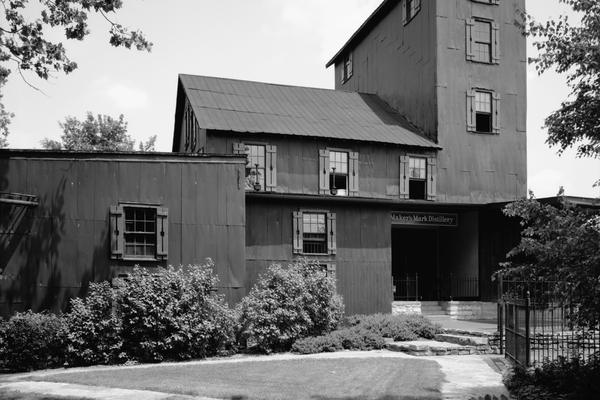 Black-and-white view of the historic Maker's Mark Distillery buildings, Loretto, Kentucky