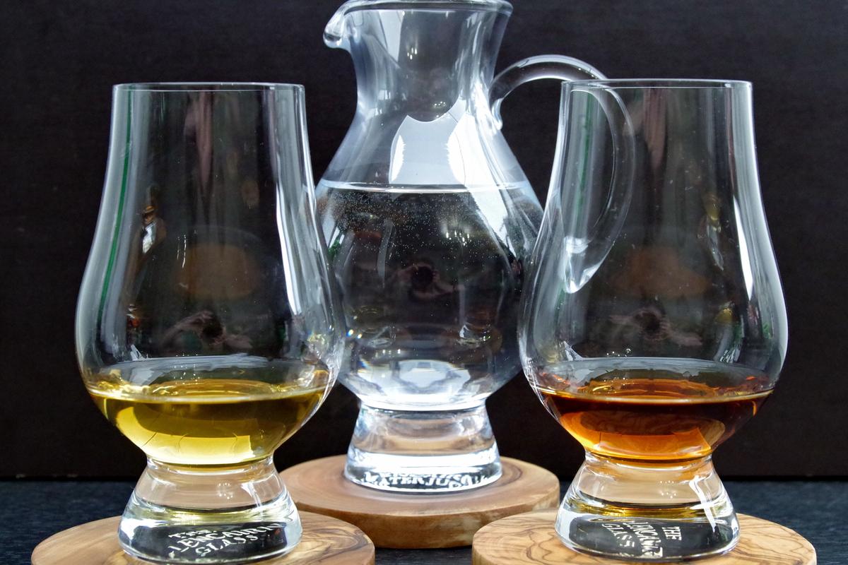 Glencairn whisky glass with a tulip-shaped bowl and short base